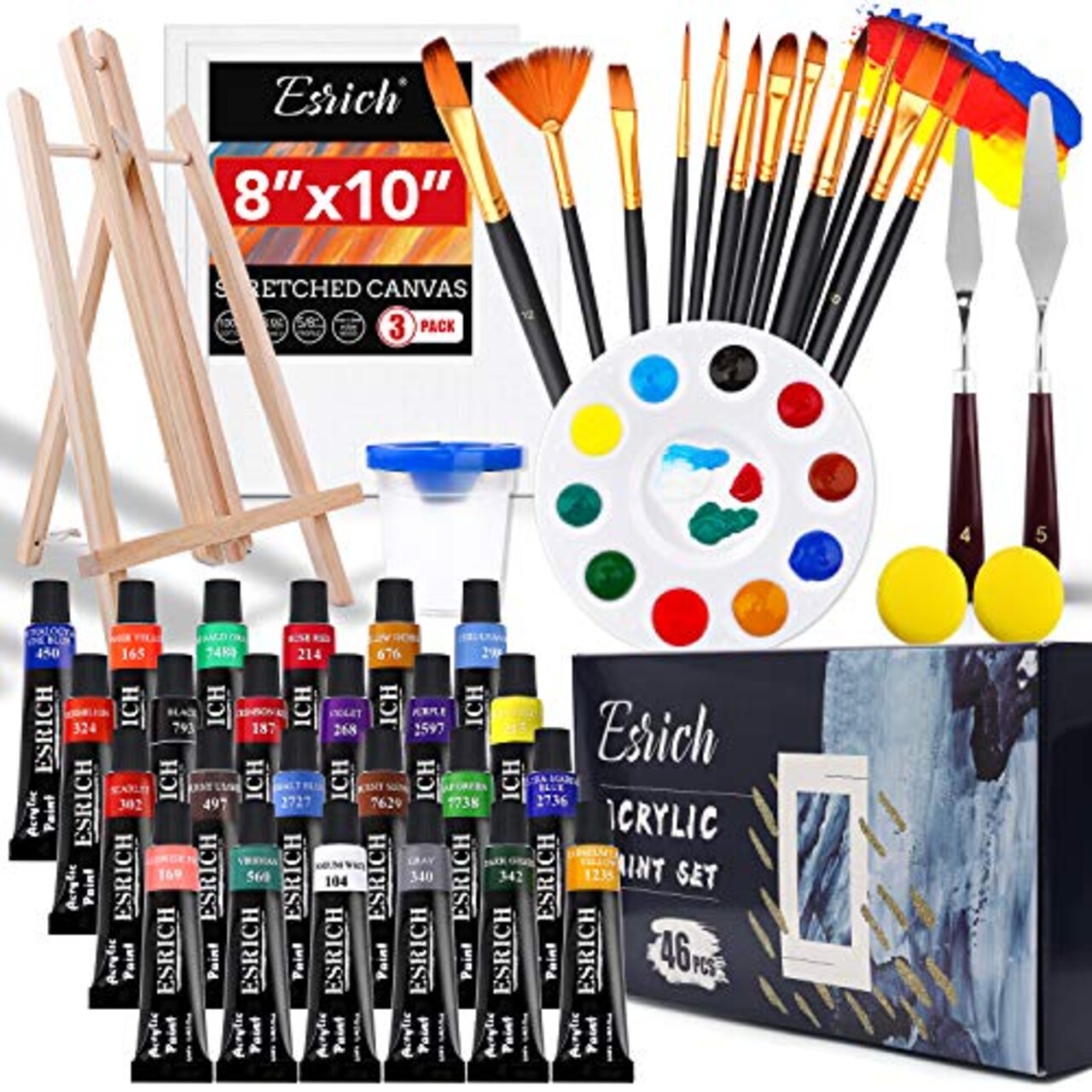 Acrylic Paint Set,46 Piece Professional Painting Supplies with Paint  Brushes, Acrylic Paint, Easel, Canvases, Palette, Paint Knives, Brush Cup  and Art Sponges for Hobbyists and Beginners
